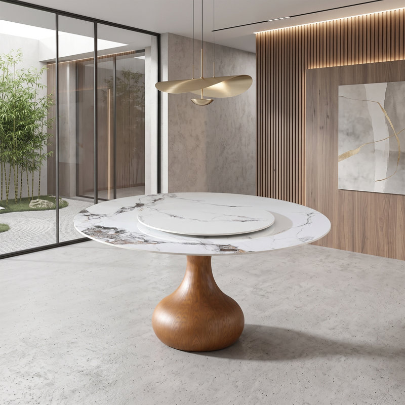 Table de salle à manger ronde rotative écologique à 360 °, plateau en pierre frittée facile à nettoyer et base en chêne massif