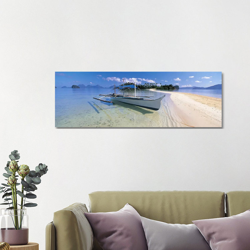 Fishing Boat Moored On The Beach, Palawan, Philippines #2 - Wrapped Canvas Panoramic Print