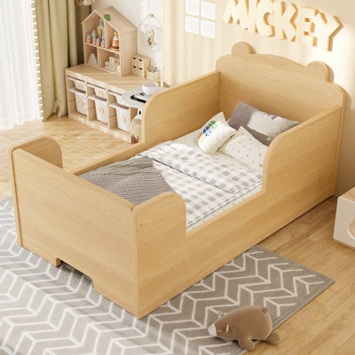 Lit de bébé naturel avec structure en forme d'ours, lit plateforme en bois pour enfants