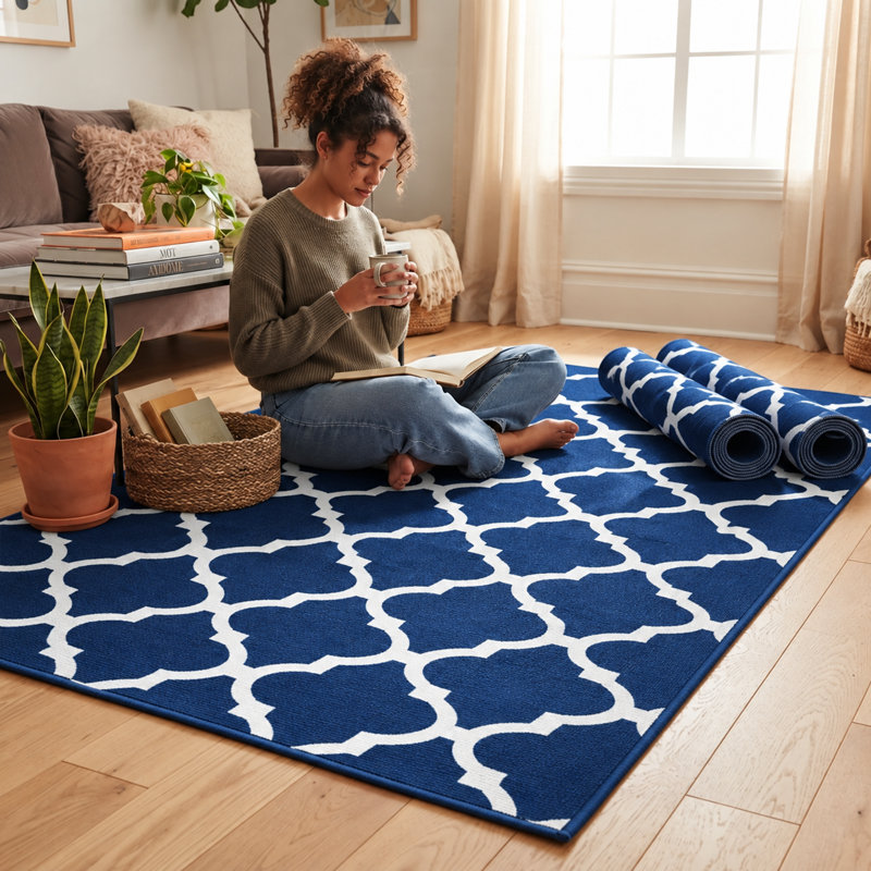 AVA Navy Machine Tufted Printed Area Rug, Rectangle  120 x 170 cm