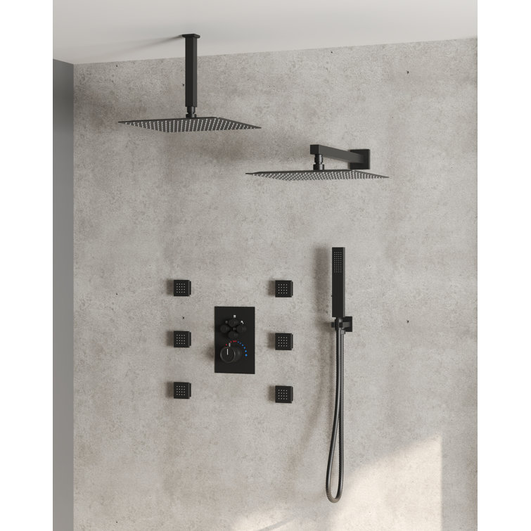DualJetSpa 12" Dual Shower Head with Body Jets,Thermostatic Shower Faucet System with Rough-In Valve
