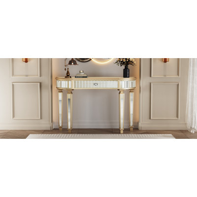 47" Half-Moon Mirrored Console Table With Fluted Glass & Crystal Knob Drawer
