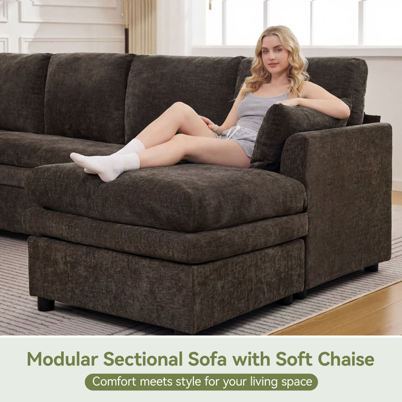  Canapé modulaire modulaire avec méridienne, Coussin double couche profond et confortable, Brown