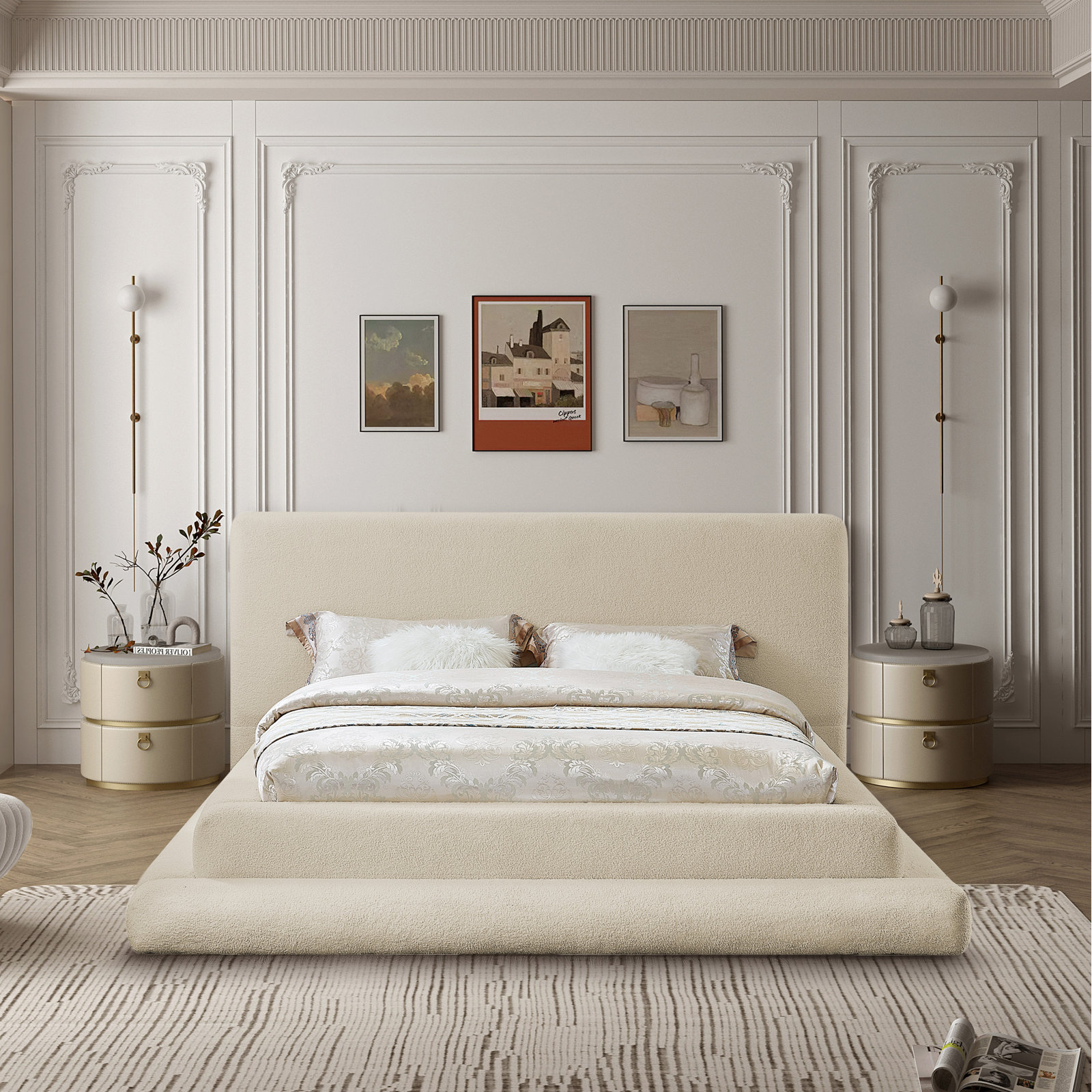 Hoffarth Upholstered Bed, Queen, Beige Faux Shearling Teddy Fabric