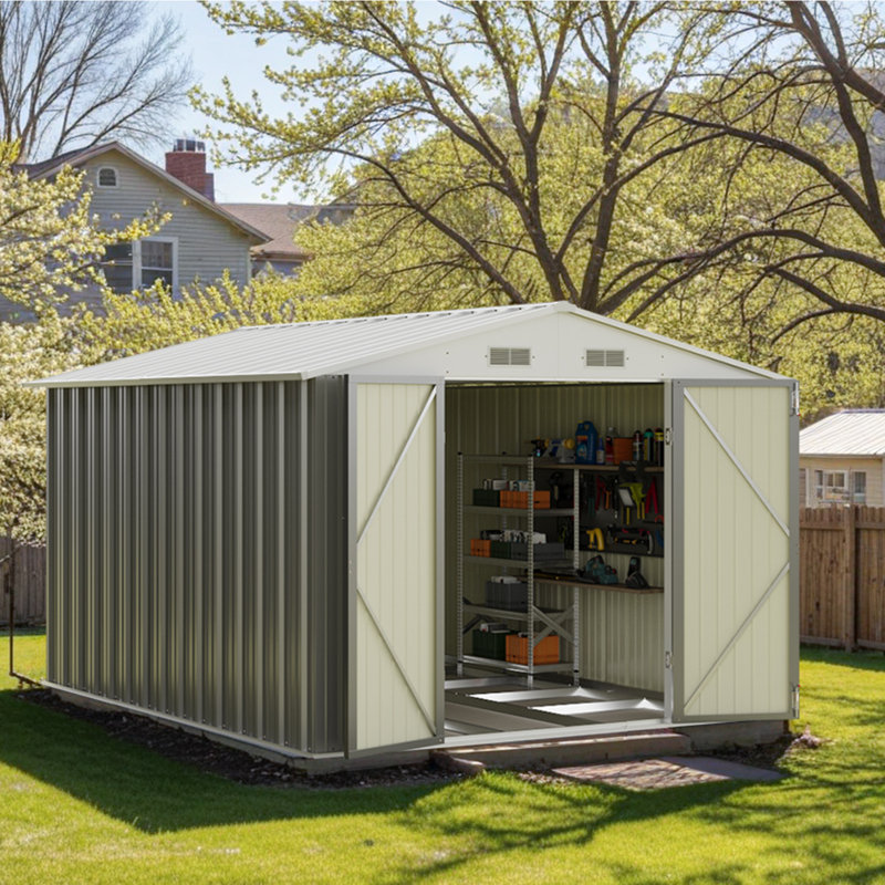 8 Ft. W X 10 Ft. D Metal Storage Shed With Frame, Gray/White