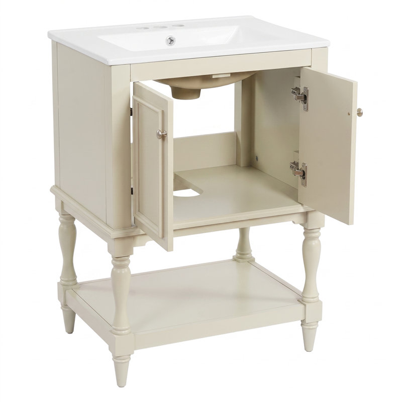 Meuble-lavabo autoportant en bois massif de 24 po + panneau de fibres à densité moyenne avec plateau ouvert et rangement fermé beige
