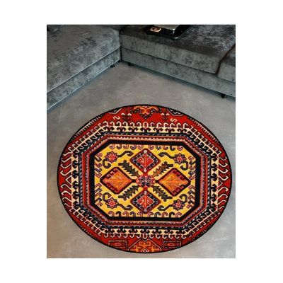 Burdy And Yellow Theme Traditional Motif Patterned Round Woven Base Vintage Decorative Carpet