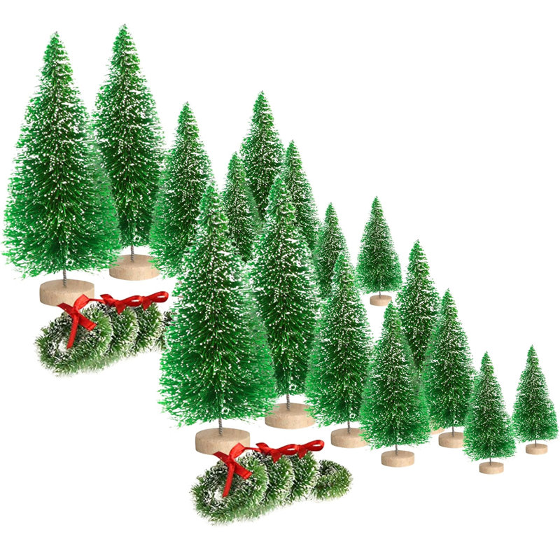 16PCS Artificial Mini Christmas Trees, Bottle Brush Trees With Wood Base,4 Sizes, 