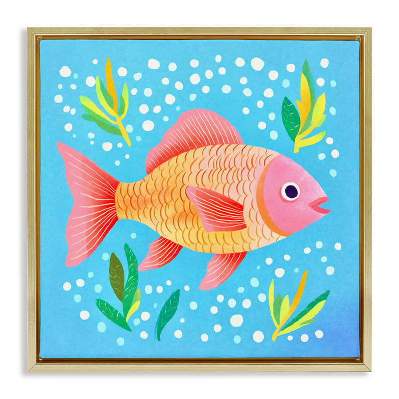 «Happy Fish Underwater», art mural encadré flottant par Andrea Haase, Cadre flottant métallique doré, H 18 po x l 18 po