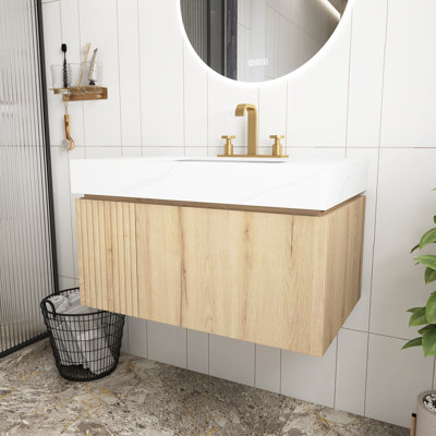 Meuble-lavabo en chêne blanc à grain de bois de 30 po avec lavabo, comptoir en pierre frittée blanc Carrara et lavabo en céramique avec 3 trous de robinet pré-percés, armoire de rangement en contreplaqué flottant avec tiroir et porte, pré-assemblé