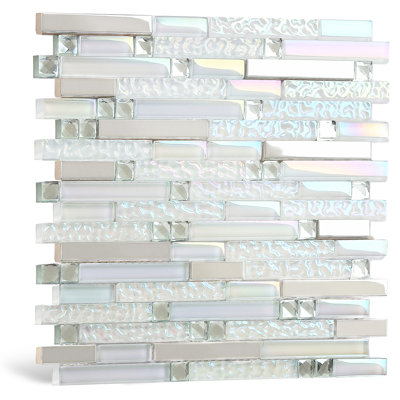 Glass Metal Tile Iridescent White Silver Mirror Stainless Steel Interlocking Backsplash Wall Tiles