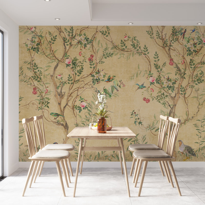 Papier peint rétro avec oiseaux et fleurs, L 37 po x l 56 po, Beige