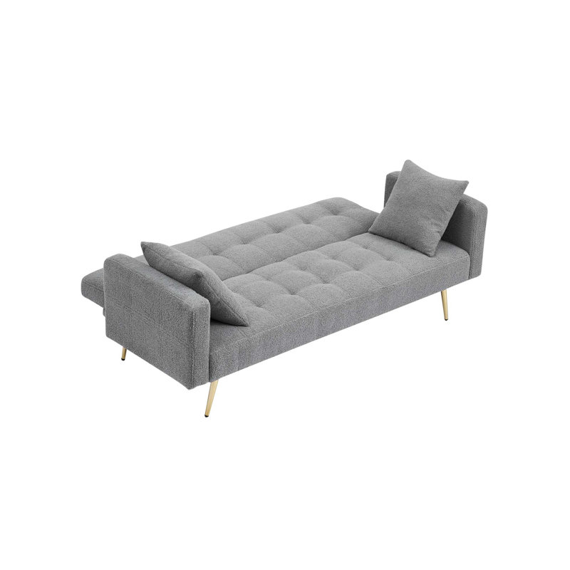 Quiniya 71.26" Modern Velvet Sofa Bed Folding Couch with Two Throw Pillows for Living Room, Gray Teddy