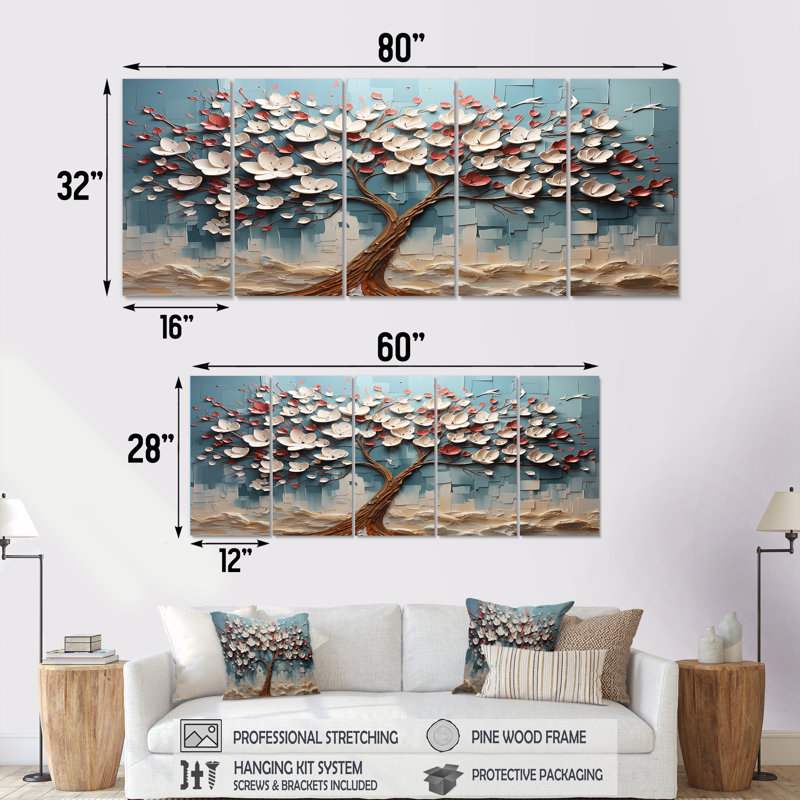 "Arbre de fleurs rouge et or au clair de lune beauté 5 pièces", 5 pièces, H 28 po x l 60 po