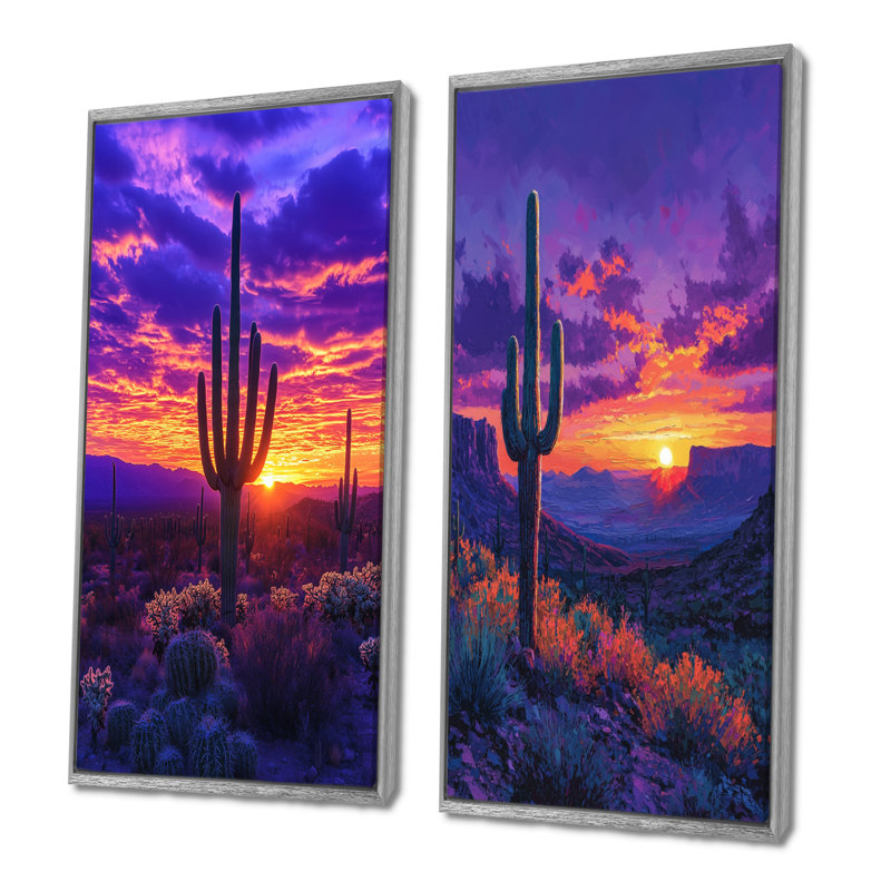 Cactus du désert au coucher du soleil - Collection de 2 panneaux d'art sur toile florale, 32" H x 33" W, Encadrement argenté