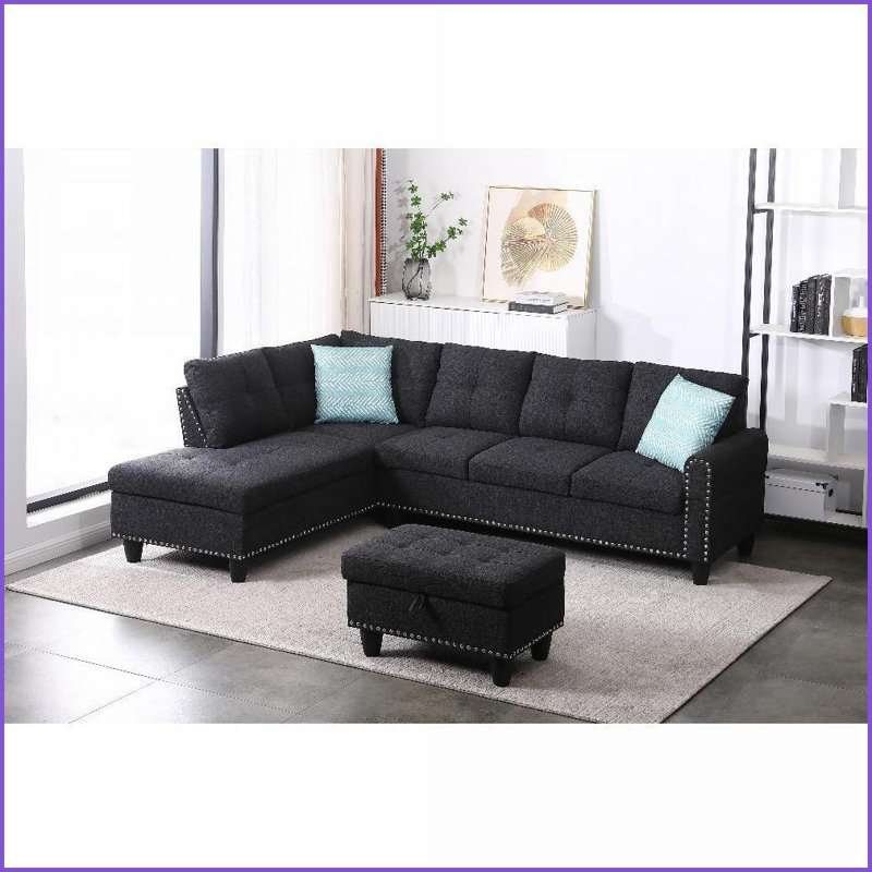 Canapé de 98 po de largeur faisant face à la gauche Chaise avec repose-pieds - gris | Mélange de lin | Accoudoirs ronds