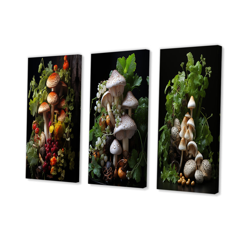 Panier de champignon, peinture I - champignon, art mural, ensemble de 3, Toile tendue, H 32 po x l 48 po