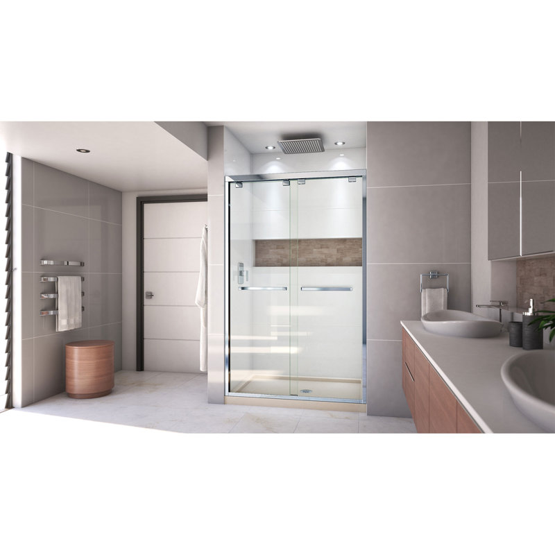 Encore 48" W x 32" D x 78.75" H Semi-Frameless Rectangle Shower Enclosure with Base Included, Chrome/Biscuit, Center