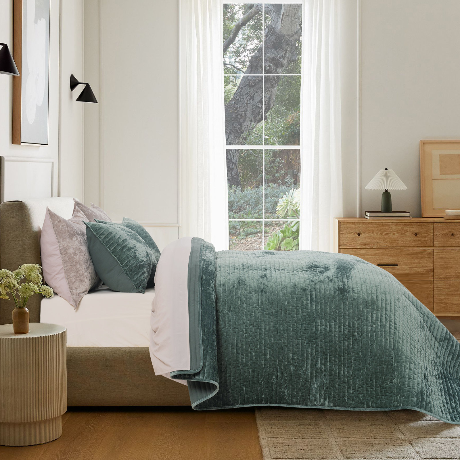 Luxe Velvet Channel Quilt Set, Queen, Dark Green