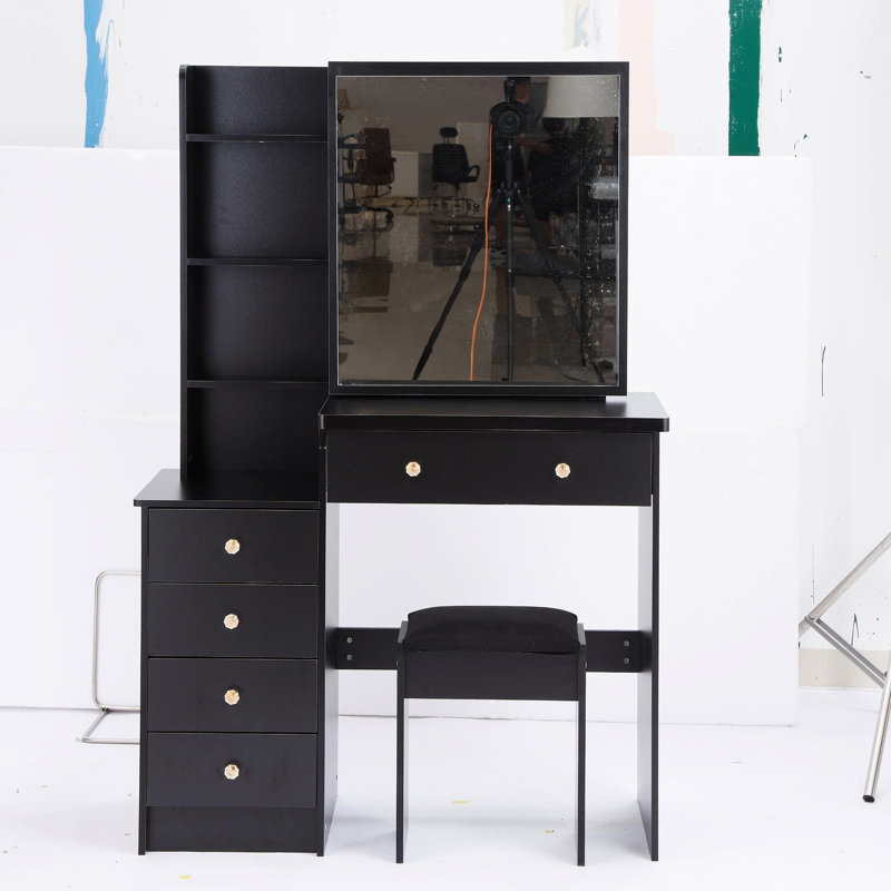 Meuble-lavabo 37 po et tabouret rembourré 37 po, miroir coulissant 24 po x 22 po, rangement multi-couches, style américain, noir pour espaces moyens à moyens