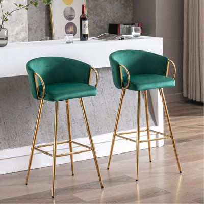 De 2 tabourets de bar, 26 pouces de hauteur, revêtement en velours, pieds dorés, base et repose-pieds, siège de style classique 2, siège en tissu, pieds, base de repose-pieds, option de siège élégant