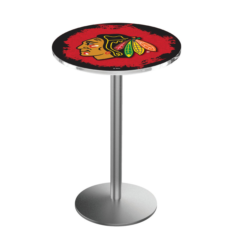 NHL Round Metal Base Dining Table, Stainless Steel, Chicago Blackhawks - Red