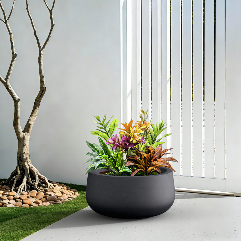 16 po. Noir mat (intérieur amélioré) pot à fleurs rond en pot moyen d'intérieur et extérieur avec trou de drainage Outdoro