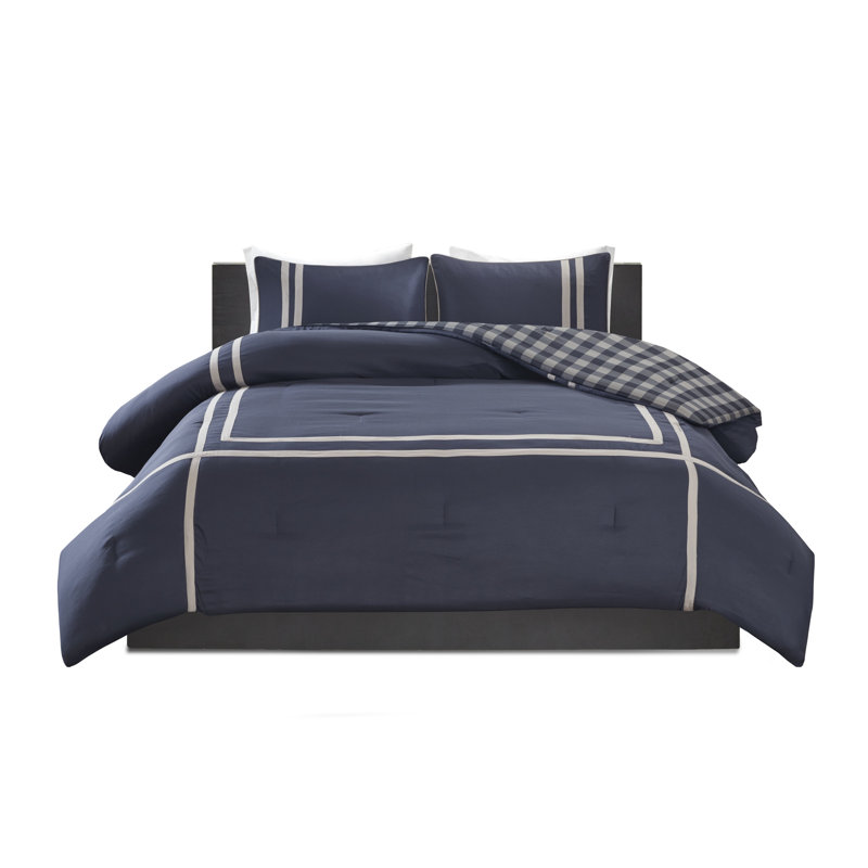 Ensemble d'édredon réversible en microfibre Cyrus, Édredon double/grand et 2 taies décoratives, Bleu marine