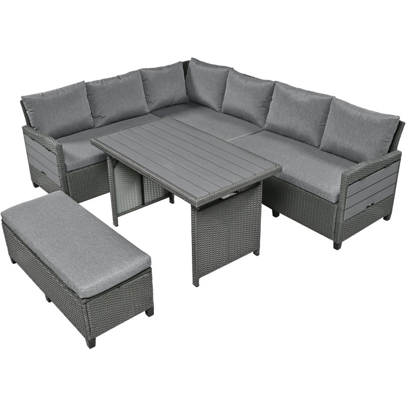 Ensemble de conversation modulaire en rotin 5 pièces avec coussins Modern, Gris, Gris