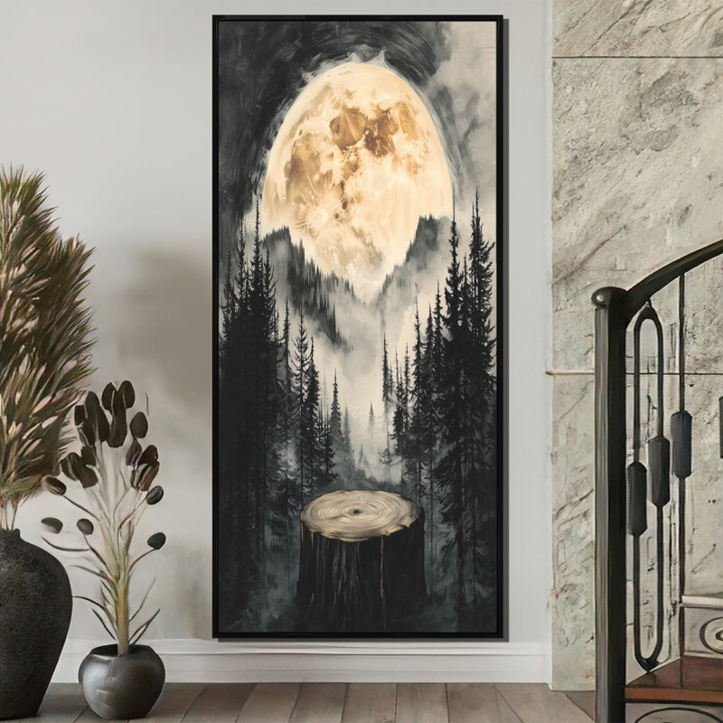 Germano lune au-dessus de la forêt de pierre onyx I - lune, art mural, Impression sur cadre flottant, H 60 po x l 28 po, Noir