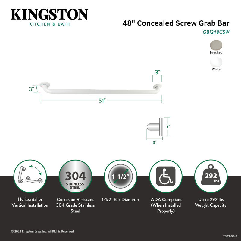 Kingston Brass Made To Match 1-1/2 Inch O.D Grab Bar, 48" W, White