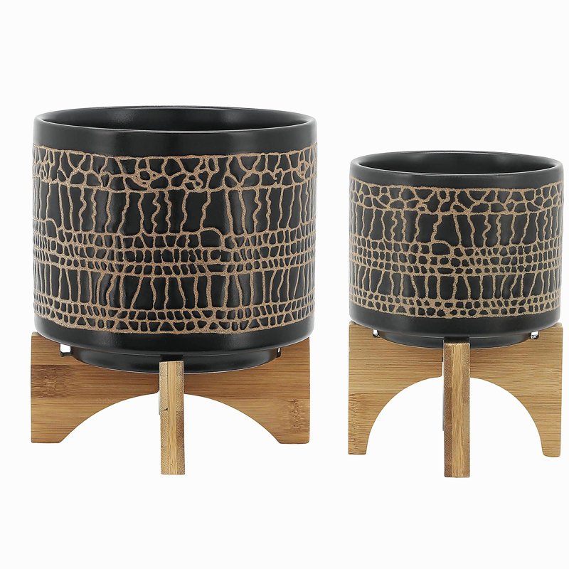 S/2 5/8" GLAZED PLANTER W/ STAND, BLACK