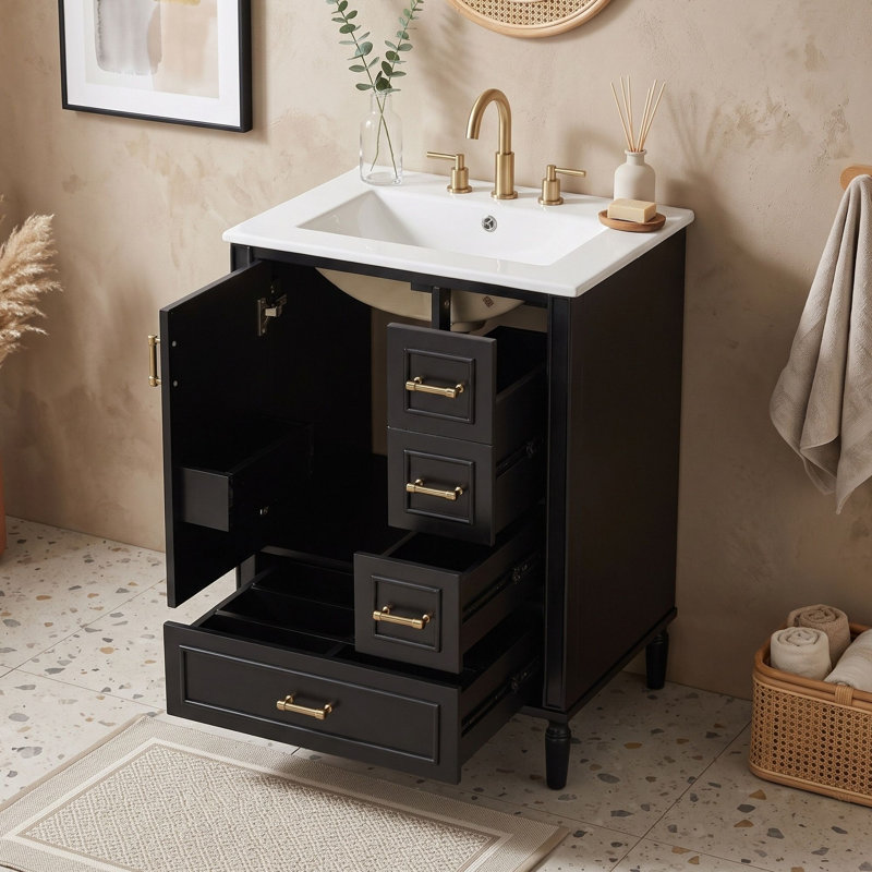 Meuble-lavabo de salle de bain avec lavabo en céramique et 3 tiroirs, Noir