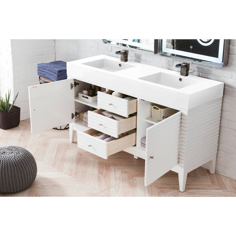 Meuble-lavabo double l 60 po Sarin, Blanc lustré, Blanc lustré