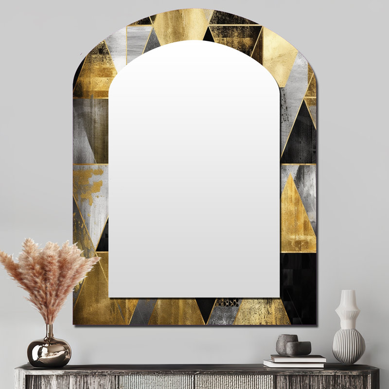 Gold Geometric Order II - Geometric Asymmetrical Decorative Wall Mirror, Modern Freeform Mirror, Printed Metal Art, 43" x 33"