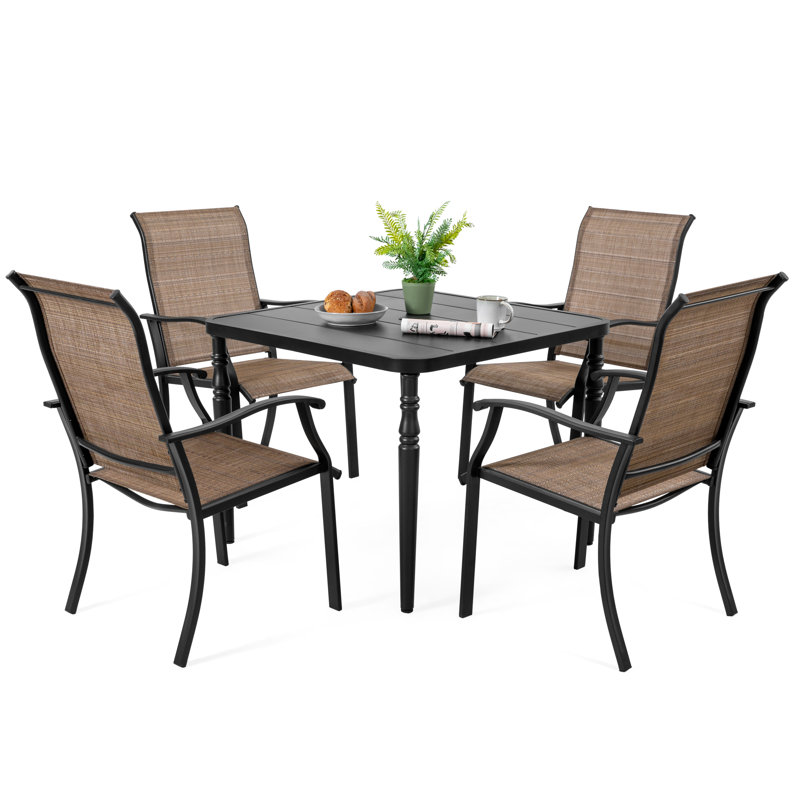 Patio PVC-coated polyester Dining Set Of 5 With Umbrella Hole, Wood-grain Tabletop, Black