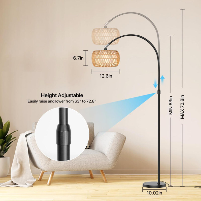 Arc Floor Lamp For Living Room With  Temperatures,Standing Lamp With Remote & RGB Bulb, Farmhouse Rattan Boho Floor Lamp Height Adjustable Corner Tall LED Floor Lamps For Bedroom Office