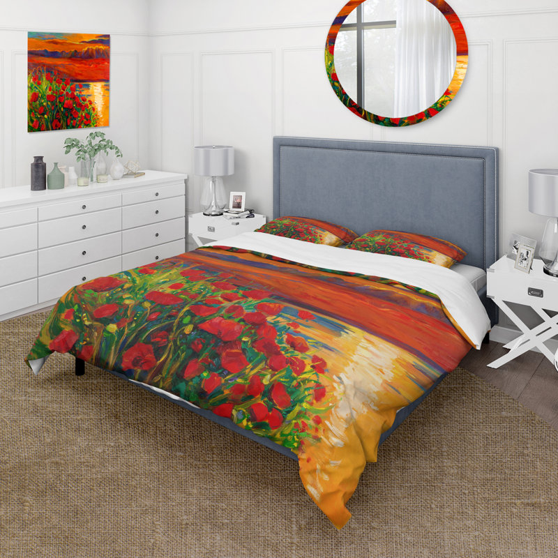Red Poppies By The Ocean pendant le coucher du soleil - ensemble de housse de couette nautique et côtier - polyester microfibre