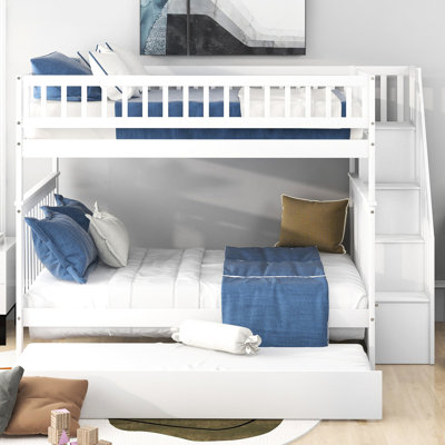 Lit superposé double avec lit gigogne en bois de pin massif blanc, garde-corps pour, espaces de rangement, assemblage facile en bois plein / plein et solide, dispositif de sécurité, rangement spacieux,
