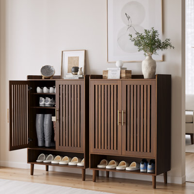 24 Pairs Shoe Cabinet with Slatted Doors, Wood Shoe Organizer with 7 Tier Adjustable Shelves for  Entryway,Living Room