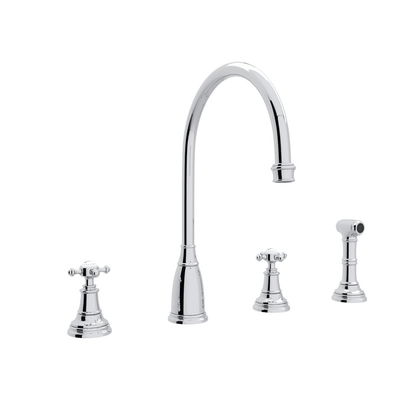 Georgian Era Double Handle Kitchen Faucet With Accessories, Polished Chrome, Cross