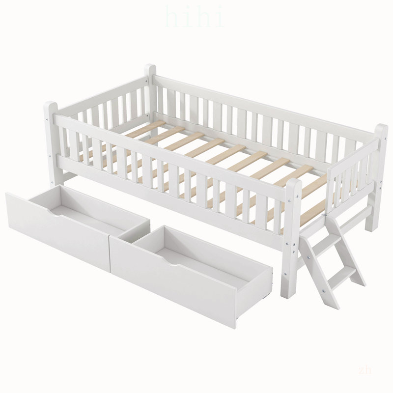 Lit plateforme en bois pour lit simple avec barrière de sécurité, 2 tiroirs et montage facile pour chambres d'enfants, Blanc