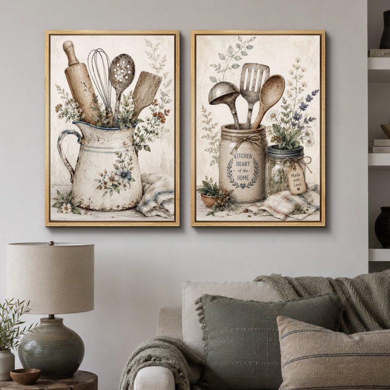 «Vintage Kitchen Utensil Still Life», art de cuisine, impression sur toile encadrée, 2 pièces, 24" H x 32" W x 1.5" D