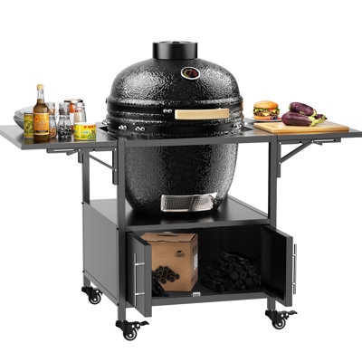 Table de barbecue extérieure en métal pour barbecue de style gros œuf, comprenant des planches latérales pliables, supportant des grils de grande taille et similaires, fabrication en fer robuste, rangement pour outils spacieux, assemblage rapide, mobile