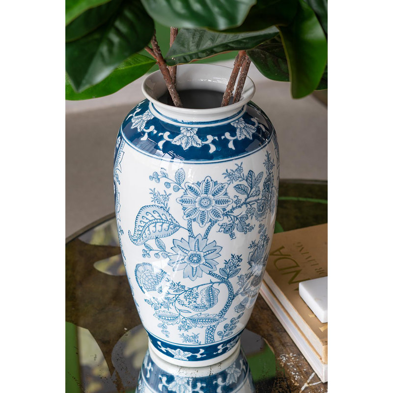 Vase en porcelaine avec motifs floraux - 7 po de diamètre 0,5 po x 15 po - bleu / blanc