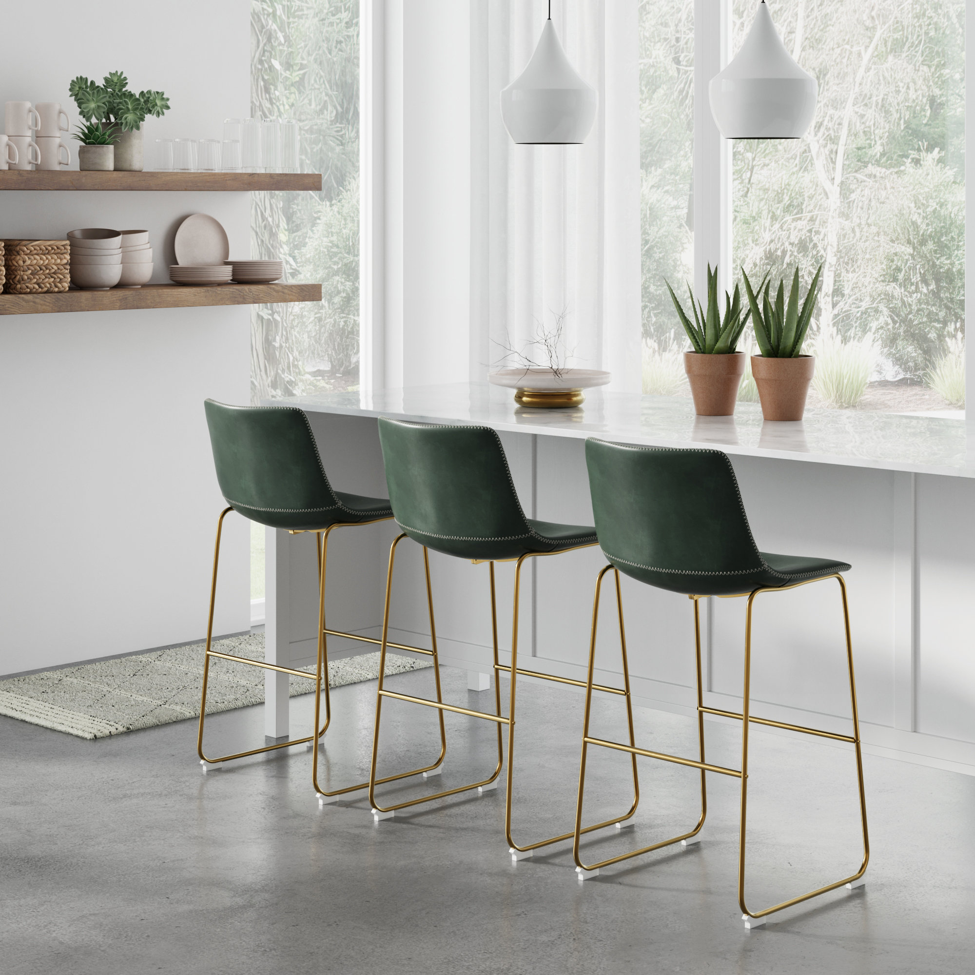 Nia Vegan Leather Bar & Counter Stool, Bar Stool (29" Seat Height), Green, Gold