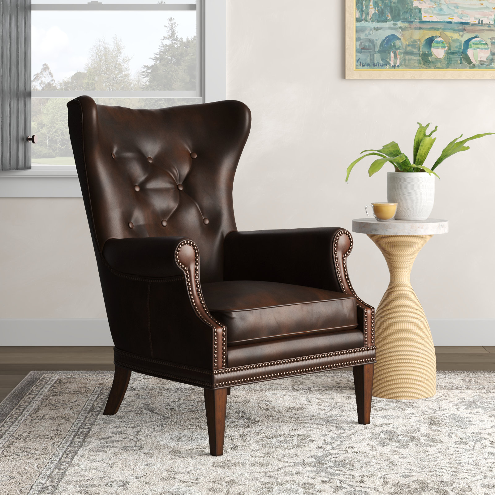 Maya Upholstered Wingback Chair, Memento Event Dark Brown Genuine Leather