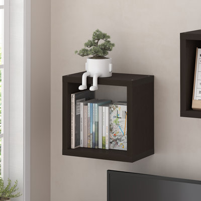 Furinno CUBICLE Floating Shelves for Wall, Cube Wall Shelf, Extra Thick Wall Mounted Book Shelf, Single Cube, 16" x 16" x 9.8", for Bathroom, Bedroom, Living Room, Black Dark Oak