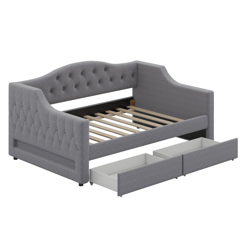 Lit de jour rembourré simple TG avec ceinture à DEL et 2 tiroirs, gris