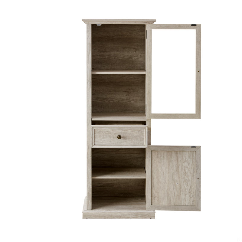 Tall Storage Cabinet With Glass Doors & Shelves, Beige
